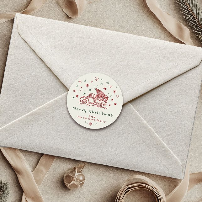 Adesivo Redondo Caminhão de Natal Retro Vermelho e Verde (Criador carregado)