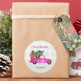 Adesivo Redondo Caminhão Rosa De Natal Com Árvore E Desejos