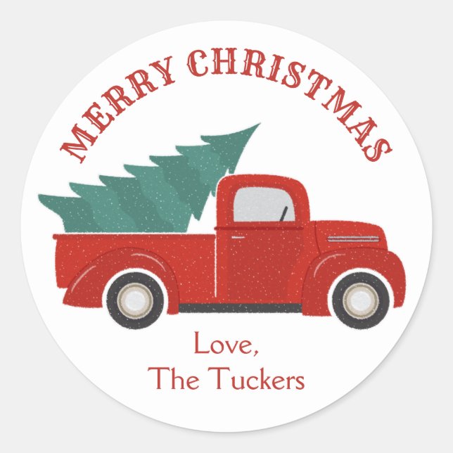 Adesivo Redondo Caminhão Vermelho Antigo com Árvore de Natal (Frente)