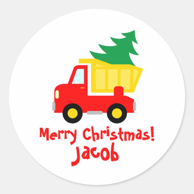 Adesivo Redondo Caminhão vermelho bonito com uma criança de árvore (Frente)