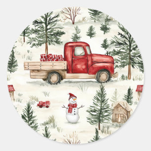 Adesivo Redondo Caminhão Vermelho com presentes e boneco de neve