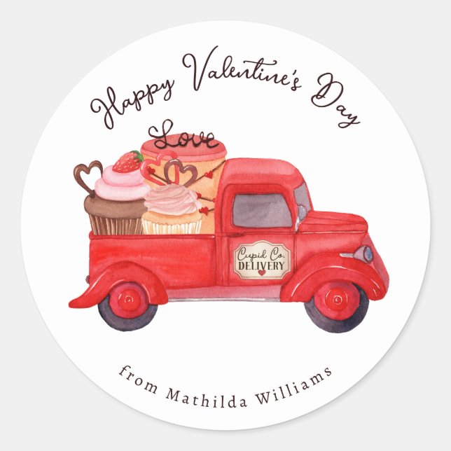Adesivo Redondo Caminhão Vermelho de Entrega do dia de os namorado (Frente)