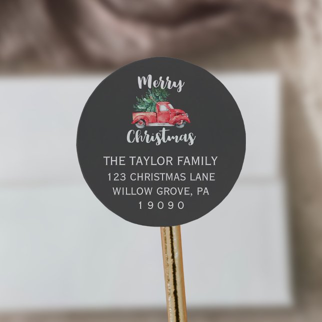 Adesivo Redondo Caminhão vermelho e árvore | Endereço de devolução (Criador carregado)