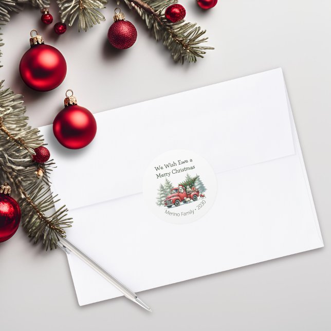 Adesivo Redondo Caminhão Vermelho Russo Vintage (we wish ewe a merry christmas vintage red truck round sticker)