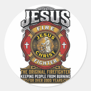Adesivo Redondo Camisa da Fé Cristã Vintage Jesus Bombeiro