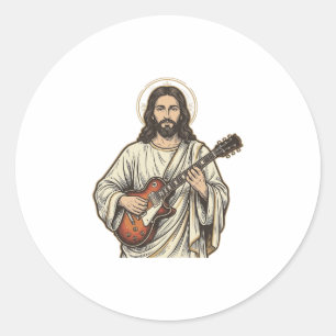 Adesivo Redondo Camisa de desenho de gravura de guitarrista sagrad