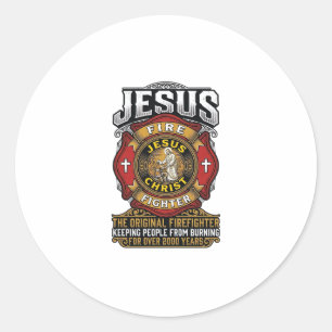 Adesivo Redondo Camisa de Fé Cristã Vintage Bombeiro Jesus