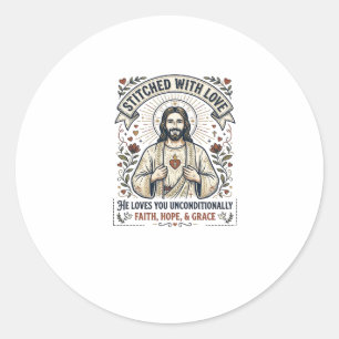 Adesivo Redondo Camisa de Jesus Costurando Bordado Gráfico Cristão