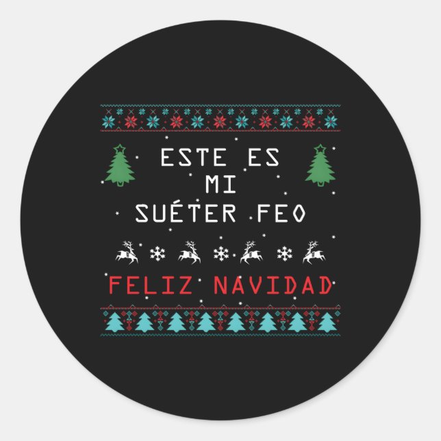 Adesivo Redondo Camisa De Navidad Suã ©Ter Feo Ugly Em Espanhol (Frente)