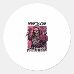 Adesivo Redondo Camisa de Terror Vintage com Slasher Gravado Hallo
