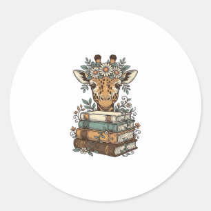 Adesivo Redondo Camisa Floral com Girafa Vintage Lendo Livros Desi