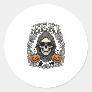 Adesivo Redondo Camisa Gráfica de Caveira de Halloween Gravura Vin
