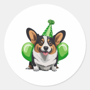 Adesivo Redondo Camiseta Clássica de Aniversário Verde Corgi
