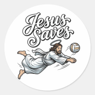 Adesivo Redondo Camiseta Cristã Vintage Vôlei Jesus Salva