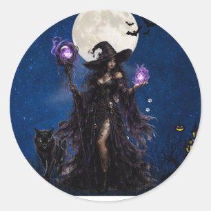 Adesivo Redondo Camiseta da Lua de Halloween da Bruxa Mística