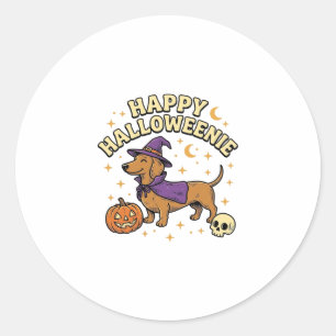 Adesivo Redondo Camiseta de Cachorro Bruxa Dachshund Feliz Hallowe