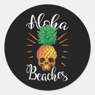 Adesivo Redondo Camiseta de Férias da Caveira do Abacaxi das Praia