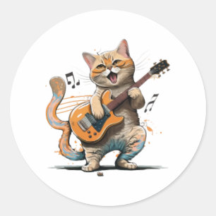 Adesivo Redondo Camiseta de gato fofo tocando guitarra, Gato legal