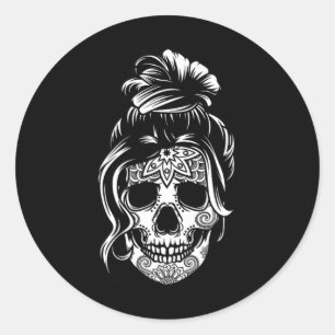 Adesivo Redondo Camiseta de Halloween da Mamãe Caveira Coqueiro De