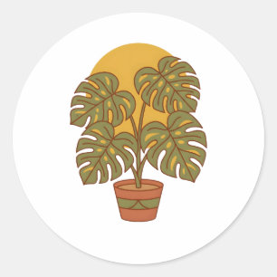 Adesivo Redondo Camiseta Gráfica de Folha de Monstera Moderna de M