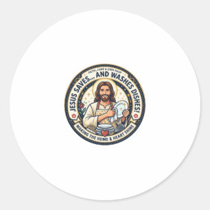Adesivo Redondo Camiseta Humor Tarefas de Lavanderia Jesus Gráfico