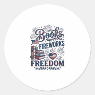Adesivo Redondo Camiseta Leitor Patriótico Livros Fogos de Artifíc
