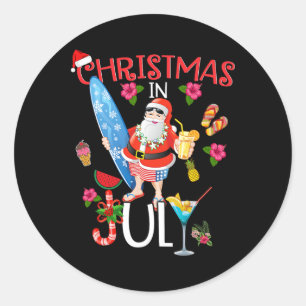 Adesivo Redondo Camiseta Natal Em Julho Fun Santa Verão Praia