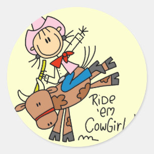 Adesivo Redondo Camisetas e Presentes da Cowgirl Montando Touro em
