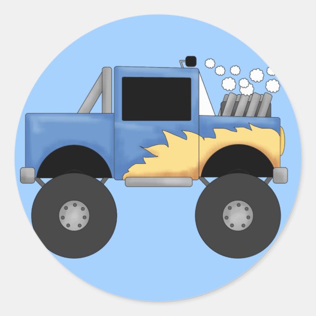 Adesivo Redondo Camisetas e presentes de caminhões monstros azuis (Frente)