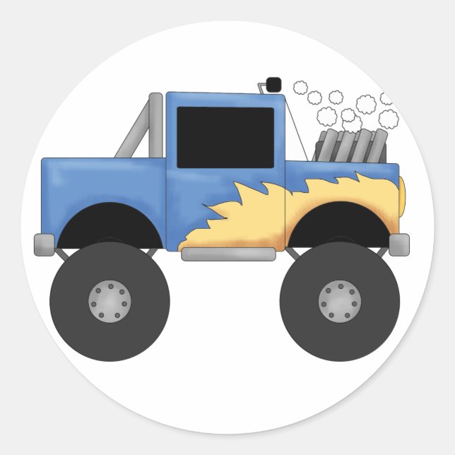 Adesivo Redondo Camisetas e presentes de caminhões monstros azuis (Frente)