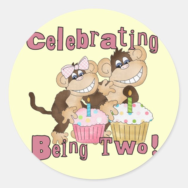 Adesivo Redondo Camisetas e presentes de macacos de festa rosa (Frente)