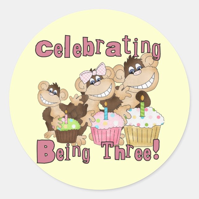 Adesivo Redondo Camisetas e presentes de macacos de festa rosa (Frente)