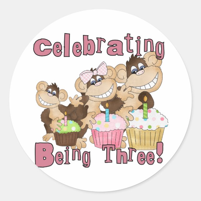 Adesivo Redondo Camisetas e presentes de macacos de festa rosa (Frente)