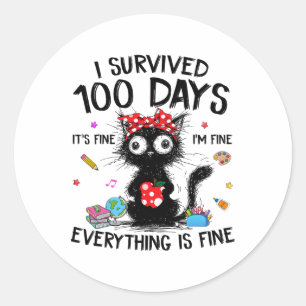 Adesivo Redondo Camisetas engraçadas de gato eu sobrevivi 100 dias
