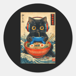 Adesivo Redondo Camisetas engraçadas japonesas de Ramen de gato Ka