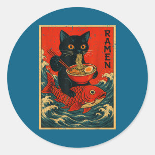 Adesivo Redondo Camisetas Gráficas Japonesas Black Cat Ramen Para
