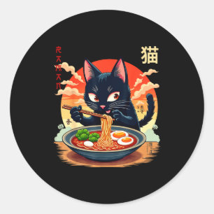 Adesivo Redondo Camisetas Gráficas Japonesas de Ramen de Gato Anim