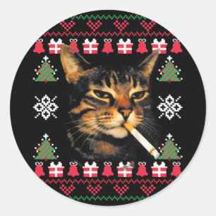 Adesivo Redondo Camisola Feia de Natal de Gato Fumante Engraçado P