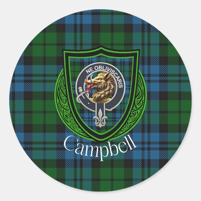 Adesivo Redondo Campbell Scottish Clan Tartan & Crest (Frente)