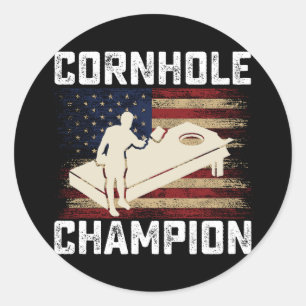 Adesivo Redondo Campeão de Cornhole Bandeira Americana EUA 4 de Ju