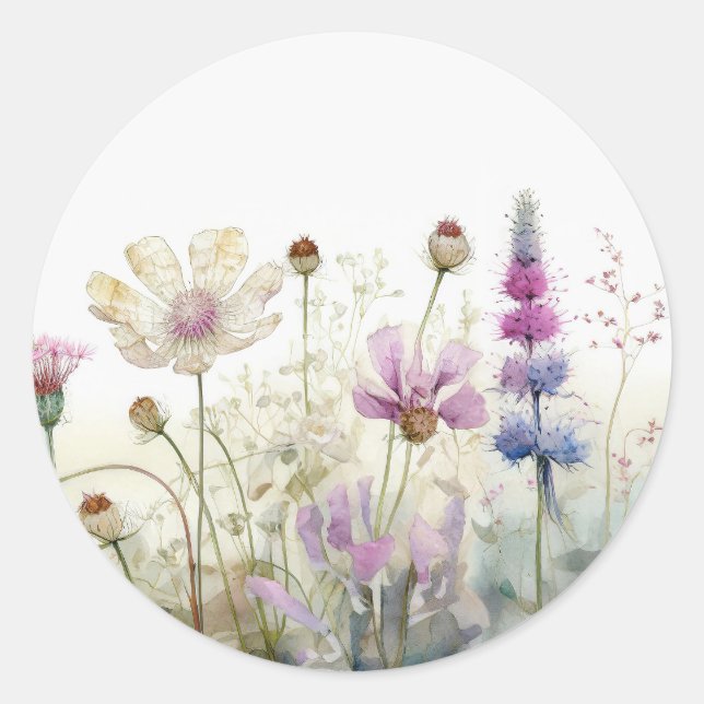 Adesivo Redondo Campo de Aquarela de flores silvestres (Frente)