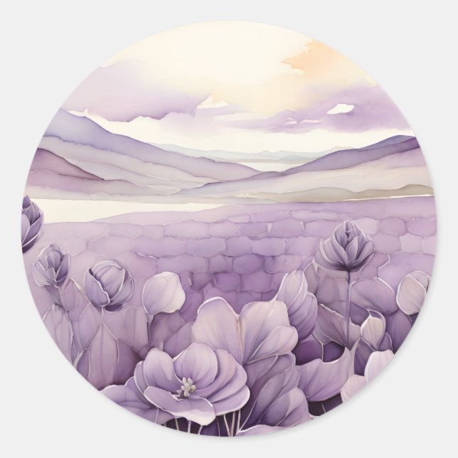 Adesivo Redondo Campo de Flores Roxas de Aquarela (Frente)
