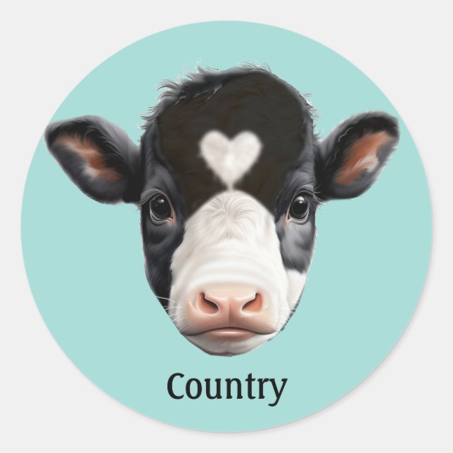 Adesivo Redondo Campo preto e branco Vaca rosto azul claro (Frente)