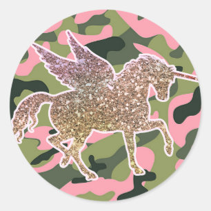 Adesivo Redondo Camuflagem Rosa Verde Camo e Unicórnio com Brilho 