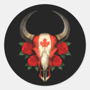 Adesivo Redondo Canadian Flag Bull Skull com Rosas vermelhas