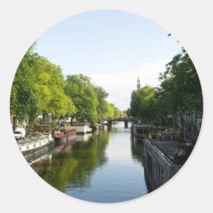 Adesivo Redondo Canal de Amsterdã com Barcos e Ponte