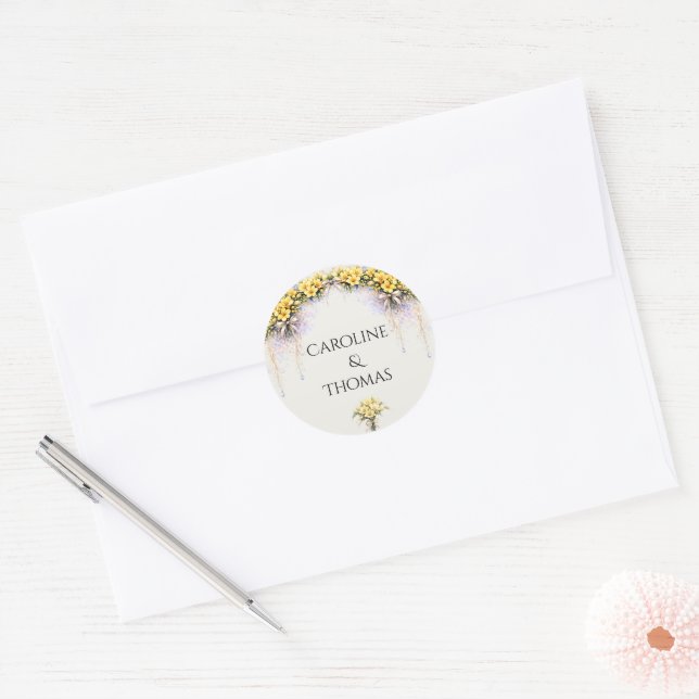 Adesivo Redondo Canary Yellow Romantic Freesia  Floral Wedding (Envelope)