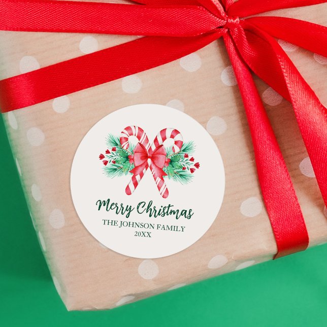 Adesivo Redondo Canas de Pimenta e Arco de Natal (Peppermint Candy Canes and Bow Christmas Classic Round Sticker)