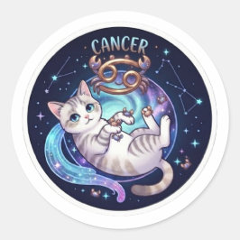 Adesivo Redondo Câncer Fofo Zodiac Gato Espaço Galáxia Estrelas