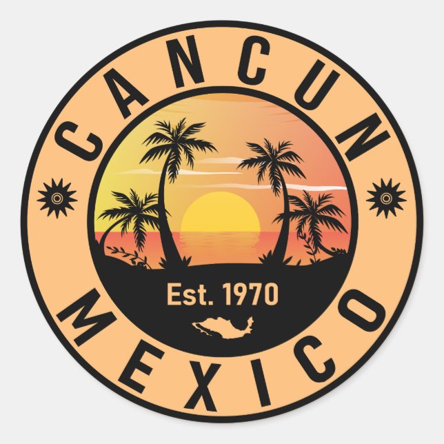 Adesivo Redondo Cancun México Palm Tree Viagens vintage Souvenir (Frente)
